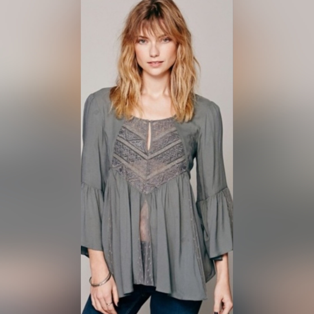 Free People Slate Grey Lace-Trim Peasant Blouse